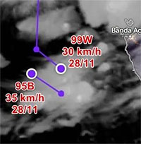 Áp thấp xuất phát từ biển Đông tiến sát một áp thấp mới, có thể gây hiện tượng hiếm gặp