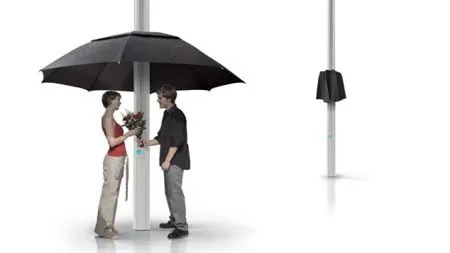 Ô gắn với cột đèn, tự động xòe khi có mưa