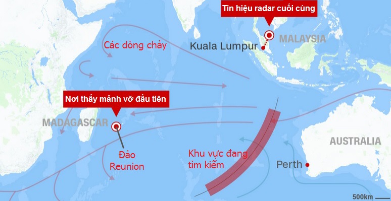 Hành trình và hướng đi của các mảnh vỡ MH370