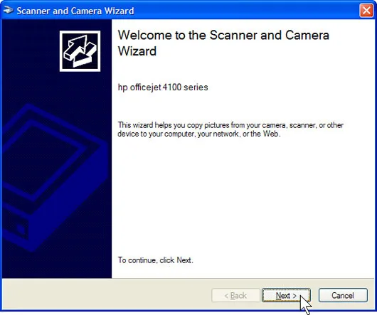 Scanner and Camera Wizard sẽ xuất hiện, kích Next.