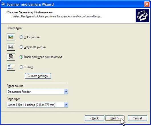 Trong cửa sổ Choose Scanning Preferences kích tùy chọn Picture type để chọn phù hợp nhất với giấy quét của bạn, sau đó kích Next.