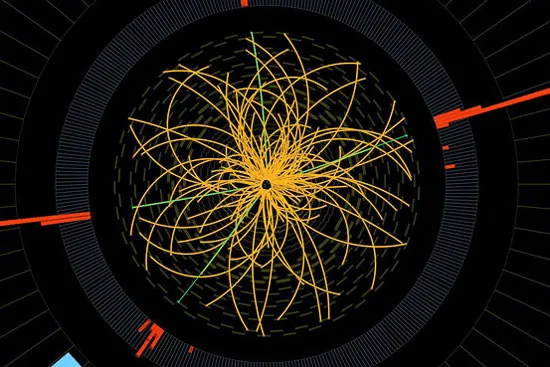 Hình minh họa va chạm trực diện giữa hai luồng hạt proton trong máy gia tốc hạt lớn khiến 4 electron năng lượng cao (đường màu xanh lục) văng ra.