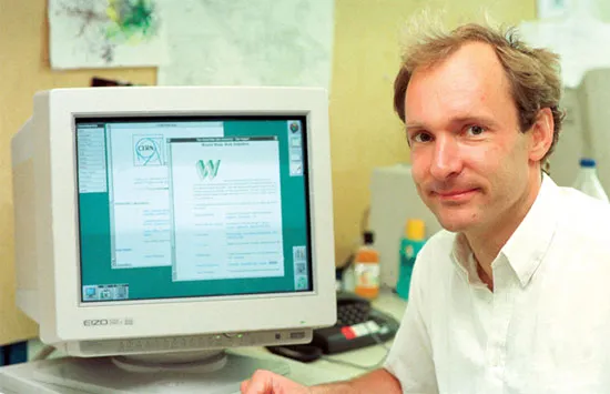 Ảnh: Kỹ sư Tim Berners-Lee chụp ảnh ở CERN với chiếc máy tính NeXT đã giúp ông phát minh ra giao thức kết nối trang mạng toàn cầu WWW.
