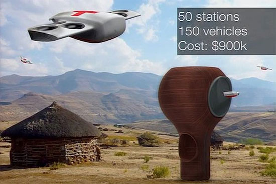 Hình minh họa máy bay tự động giao thư tại một vùng hẻo lánh ở châu Phi.