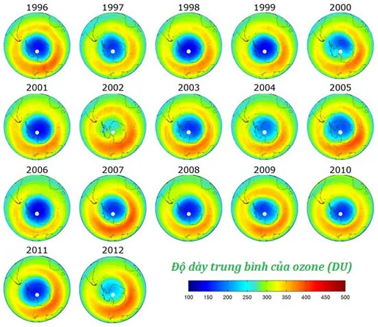 Lỗ thủng tầng ozone qua các năm (màu xanh dương là vùng bị thủng)