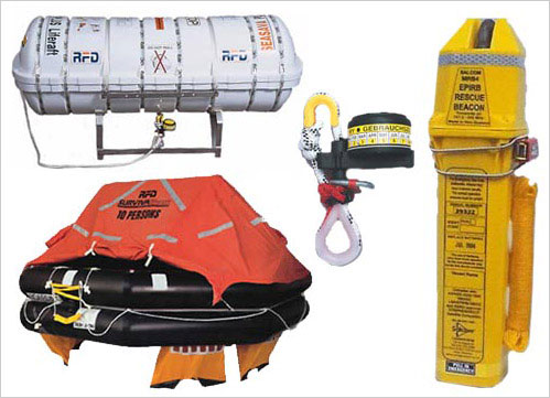 Thùng phao, phao bè đã bơm, máy thu phát EPIRB (màu vàng)