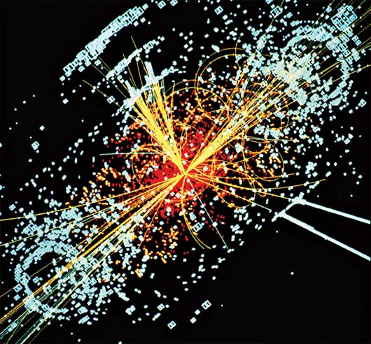 Hình mô phỏng quá trình tìm kiếm hạt Higgs bằng cách cho các luồng hạt proton va chạm trực diện với tốc độ cực lớn trong máy gia tốc