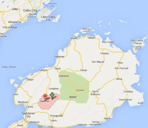 Khu vực xảy ra động đất (mũi tên) sáng nay ở Philippines