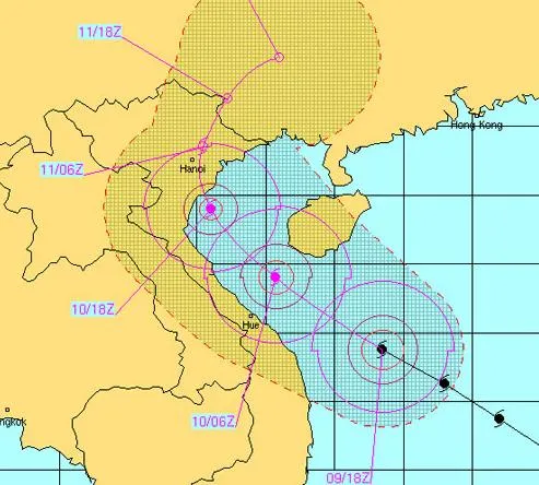 Dự báo của Hải quân Mỹ, tâm bão Haiyan sẽ đi qua Hà Nội