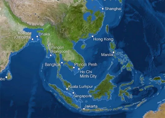Hình ảnh băng tan khiến mực nước biển dâng cao ở châu Á. (Màu xanh nhạt biểu trưng cho mức nước biển dâng cao)