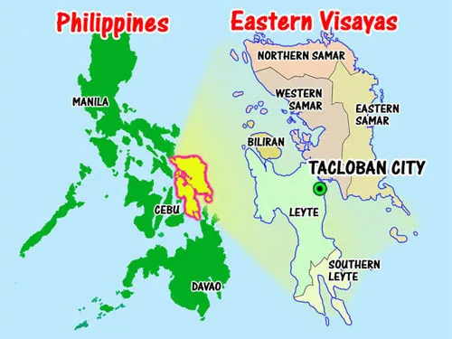 Thành phố Tacloban (chấm xanh), nơi được mô tả là có hơn 100 thi thể nằm la liệt trên đường sau khi bão Haiyan đi qua