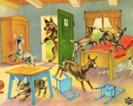 Hình ảnh mô tả lại câu chuyện "Đàn dê con và chó sói"