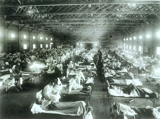 Một bệnh viện cấp cứu trong thời gian dịch cúm năm 1918 tại trại Funsston, Kansas.
