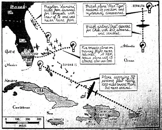 Hình minh họa trong bài báo đăng trên tờ Miami Hearald năm 1950 về sự mất tích bất thường trong khu vực Bermuda