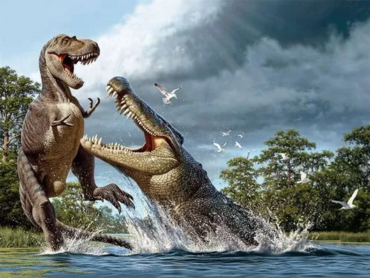 Hình ảnh phục dựng của cá sấu Deinosuchus tấn công khủng long