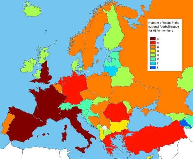 Bản đồ số lượng đội bóng trong liên đoàn bóng đá quốc gia tham gia Liên đoàn bóng đá châu Âu (UEFA)