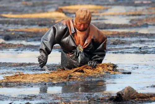 Một công nhân đang xử lý dầu ở khu vực tràn dầu gần cảng Đại Liên, thuộc tỉnh Liêu Ninh, tháng 7/2010.
