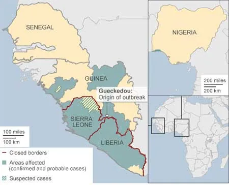 Các vùng biên giới bị đóng cửa do dịch Ebola, tính tới ngày 31/8.