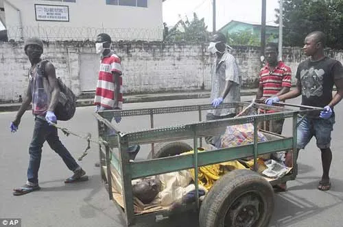 Những tình nguyện viên tại Monrovia, Liberia đang đưa một người đàn ông nghi là nhiễm Ebola tới trung tâm y tế