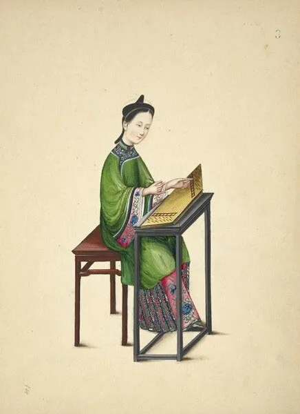 Tranh vẽ một người phụ nữ chơi nhạc cụ guzheng.