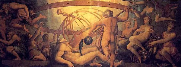 Cronus (cầm lưỡi hái) cắt "của quý" của cha mình để giành quyền lực tối thượng của các vị thần.