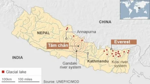 Vị trí tâm chấn và các hồ băng ở Nepal (hình vuông đỏ).