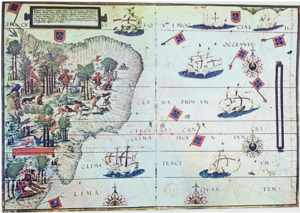 Bản đồ từ tập Miller Atlas (1519) phác hoạ bờ biển Brazil và cửa sông Río de la Plata.