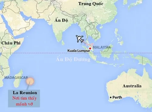 Vị trí mảnh vỡ máy bay nghi của MH370 được tìm thấy.