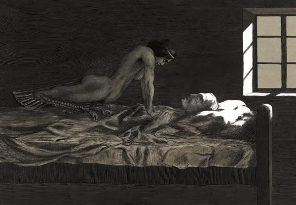 Tranh vẽ mô tả hiện tượng bóng đè trong sách "My dream, my bad dream" năm 1915 của Fritz Schwimbeck.