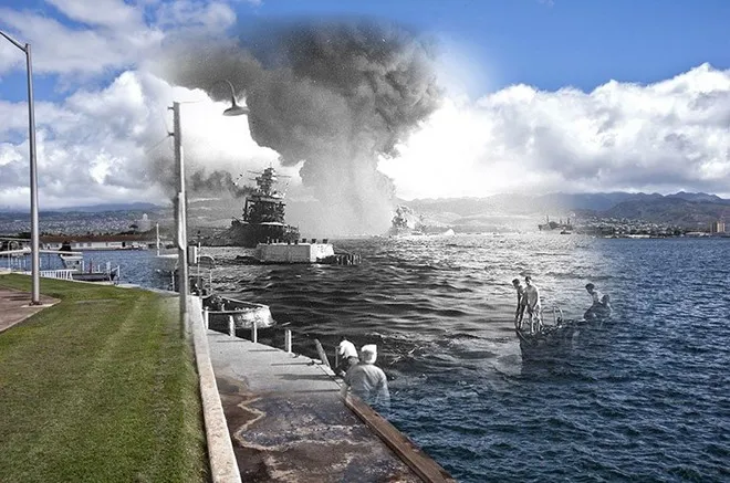 Khoảnh khắc tàu USS California (BB 44) cháy trong cuộc tấn công của Phát xít Nhật.
