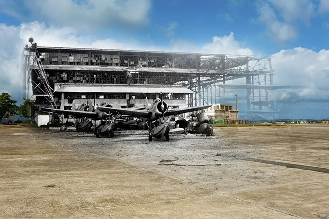 Khu nhà chứa máy bay của Mỹ ở đảo Ford hư hại nặng nề trong cuộc không kích.