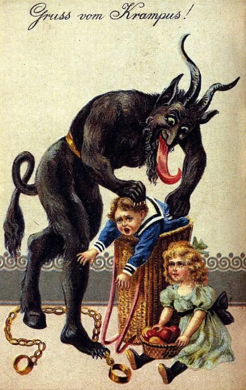 Krampus là con quỷ đáng sợ, chuyên trừng phạt trẻ hư - trái với ông già Noel đi tặng quà cho trẻ con.