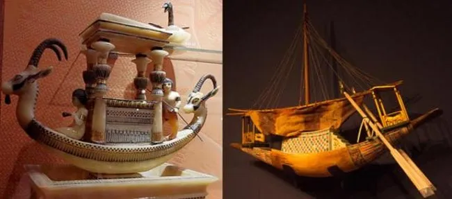 Hai mẫu thuyền từ lăng mộ Tutankhamun tại triển lãm Paris năm 2012 và Berlin năm 2013.