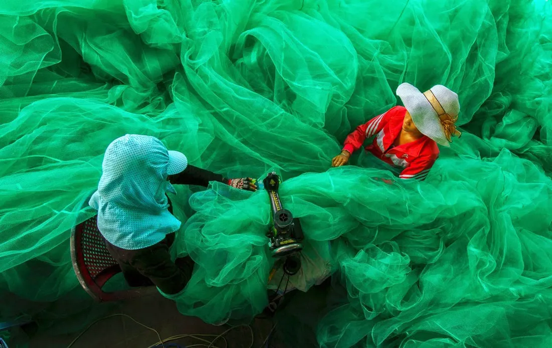 Trong cuộc thi ảnh 2015 của National Geographic, bức ảnh chụp 2 phụ nữ ở làng chài gần Vịnh Vĩnh Hy, tỉnh Ninh Thuận cần mẫn với công việc may lưới trong lúc chờ chồng đi đánh bắt cá của nhiếp ảnh gia Phạm Tỵ nhận được nhiều sự chú ý.