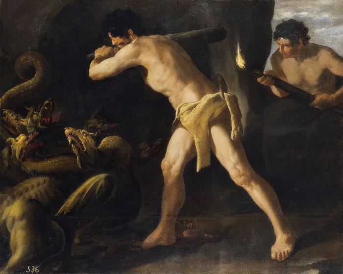 Minh họa trận chiến giữa Hercules và quái vật.