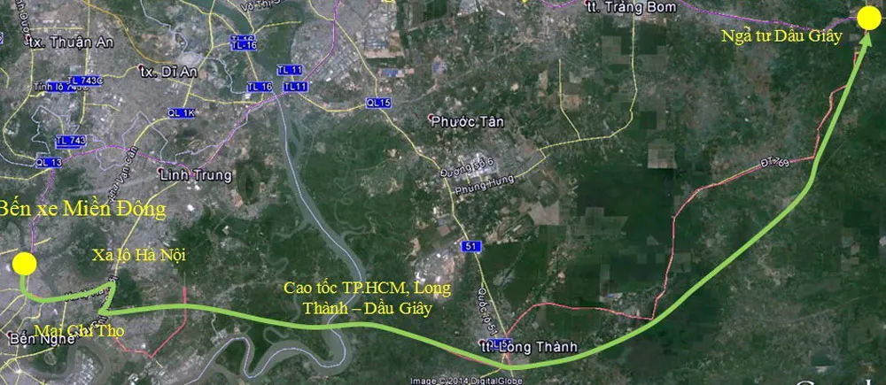 Lộ trình 3: Bến xe Miền Đông - Xa lộ Hà Nội - Cao tốc TP HCM - Long Thành - Dầu Giây - Ngã tư Dầu Giây.