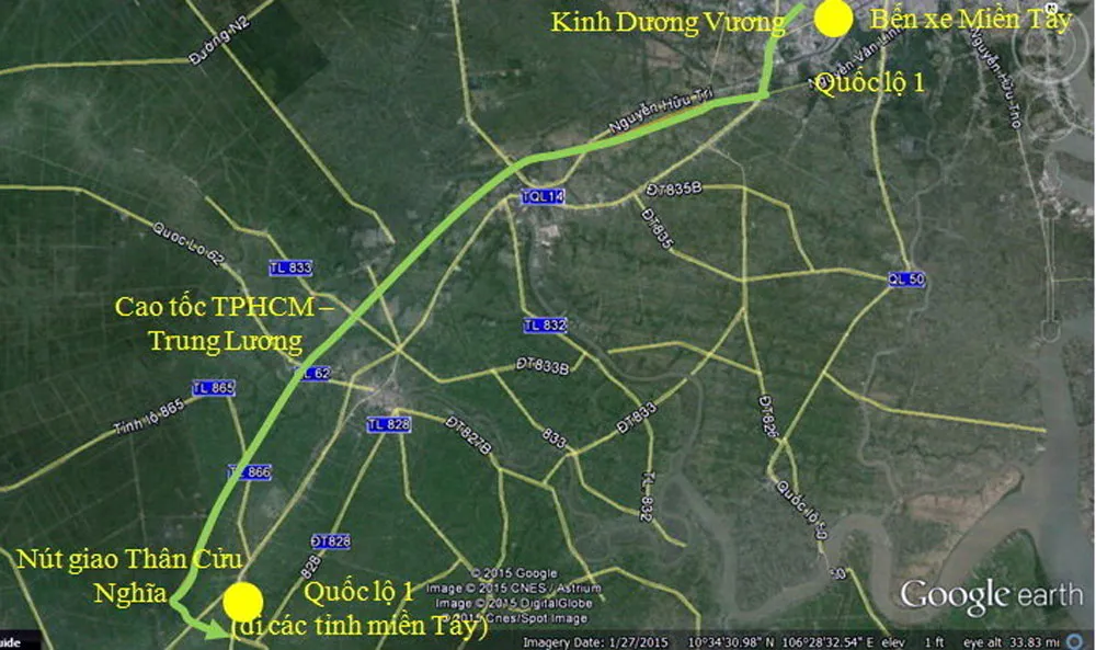 Lộ trình 1: Bến xe Miền Tây - Quốc lộ 1 - Cao tốc TP HCM - Trung Lương - Quốc lộ 1 (các tỉnh miền Tây).