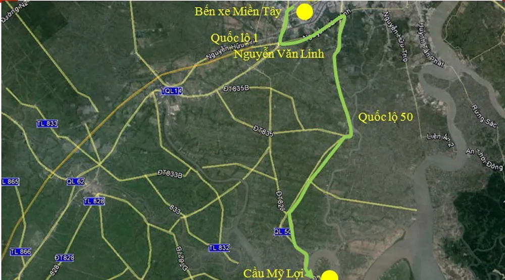 Lộ trình 3: Bến xe Miền Tây - Quốc lộ 1 - Nguyễn Văn Linh - Quốc lộ 50 - Thị xã Gò Công (tỉnh Tiền Giang).