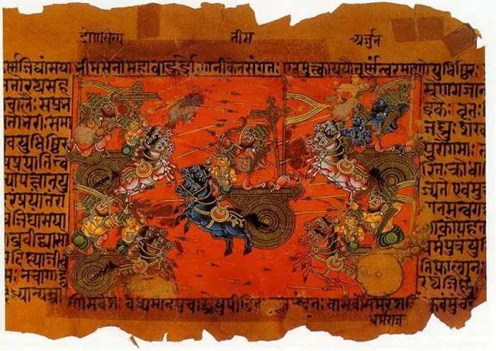Bản thảo minh họa trận chiến trên không của Kurukshetra giữa Kauravas và Pandavas, ghi lại trong sử thi Mahabharata.