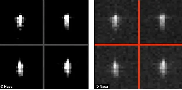 Loạt ảnh phóng to từ nhiều góc độ về đóm sáng nhỏ cho thấy nó giống với một UFO kim loại, dài cỡ 70m.