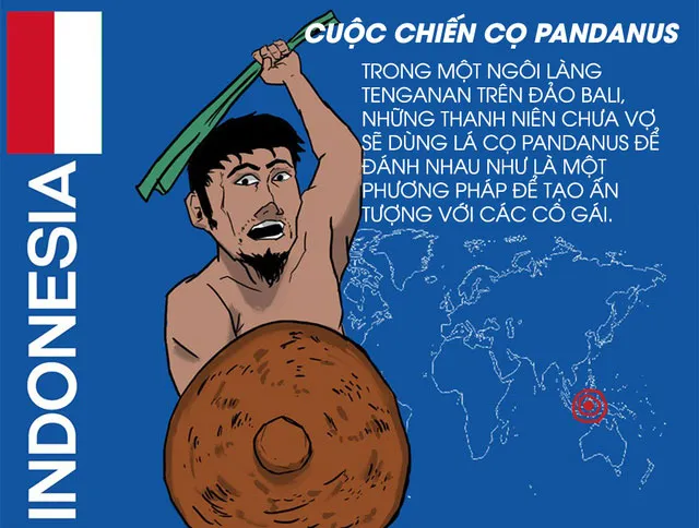 Ở một ngôi làng trên đảo Bali, Indonesia, các thanh niên dùng lá cọ đánh nhau để gây ấn tượng với các cô gái.