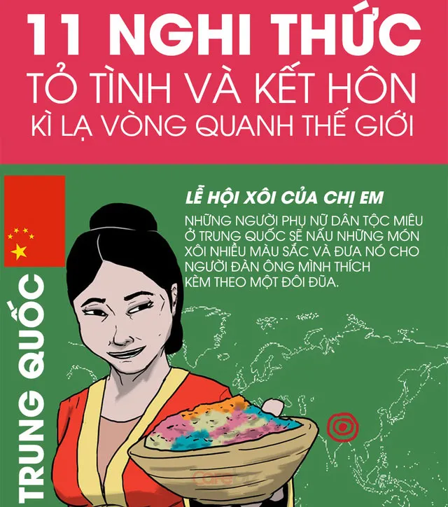 Đối với dân tộc Miêu ở Trung Quốc, người phụ nữ sẽ nấu xôi nhiều màu và đưa nó cho người đàn ông mình thích.