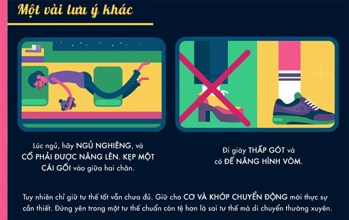 Lúc ngủ, hãy ngủ nghiêng, cổ phải được nâng lên, kẹp một cái gối vào giữa hai chân.