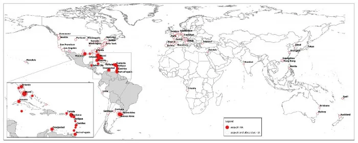 Bản đồ dự đoán khu vực ảnh hưởng của virus Zika trên toàn thế giới trong mùa hè này.