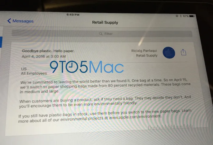 Apple sẽ sử dụng túi giấy với 80% có nguồn gốc từ nguyên liệu tái chế.