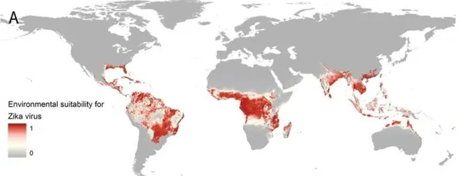 Những vùng màu đỏ là nơi có điều kiện để virus Zika lây lan.