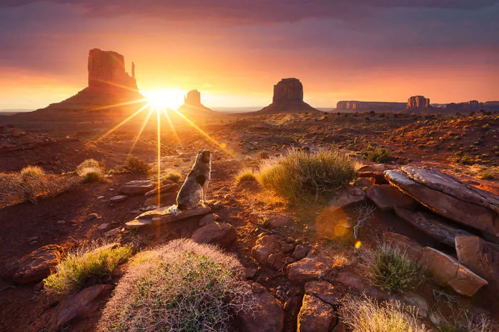 Một chú chó ngắm mặt trời lên trên Thung lũng tượng đài ở Cao nguyên Colorado ở Hoa Kỳ.