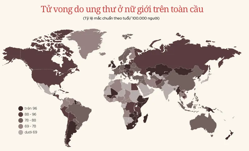 Độ tuổi tử vong do ung thư ở nữ giới trên toàn cầu.