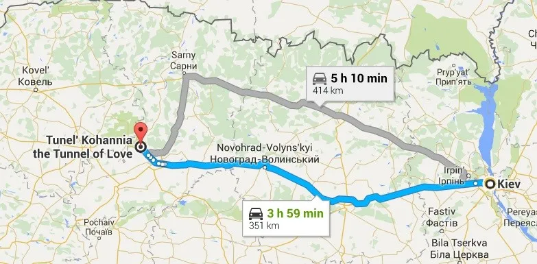 "Đường hầm Tình yêu" nằm gần khu vực Klevan, cách thủ đô Kiev của Ukraine 414 km, khoảng 5 giờ chạy xe ôtô.