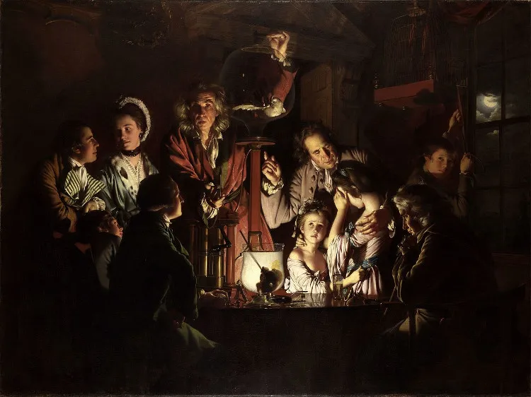 Bức tranh "Thí nghiệm tách không khí ra khỏi lồng chim" của Joseph Wright.